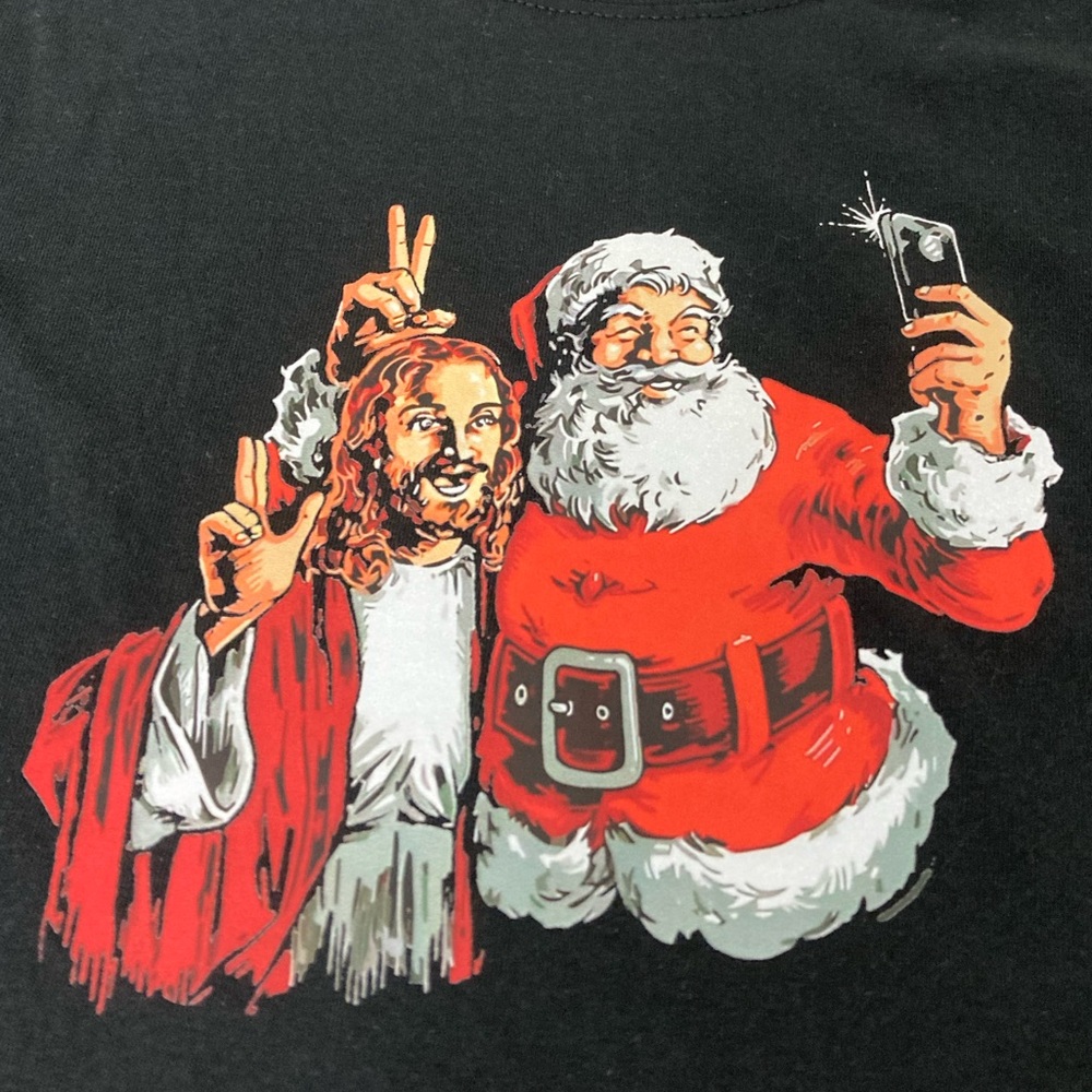 Jesus | Santa Love Peace Happiness Selfie Men’s Black Tee NWT